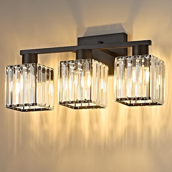 3-Light Bathroom Light Fixtures, Modern Black Crystal Wall Light for Bathroom,Lighting Fixtures Over Mirror