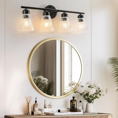 4-Light Bathroom Vanity Light, Matte Black Bathroom Light Fixtures Over Mirror with Stripe Glass, Modern Wall Lamp, Black Wall Sconces for Living Room Bedroom Kitchen Hallway