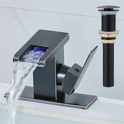 LED Bathroom Sink Faucet, Oil Rubbed Bronze Waterfall Single Hole Handle Vanity Faucets for Sinks 1 Hole with Metal Pop Up Drain and 2 Water Supply Lines, Side Handle