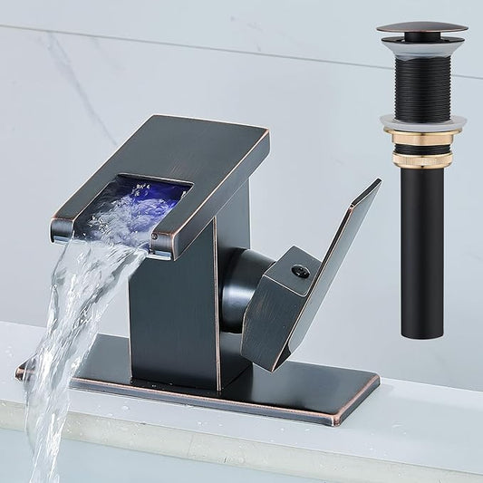 LED Bathroom Sink Faucet, Oil Rubbed Bronze Waterfall Single Hole Handle Vanity Faucets for Sinks 1 Hole with Metal Pop Up Drain and 2 Water Supply Lines, Side Handle