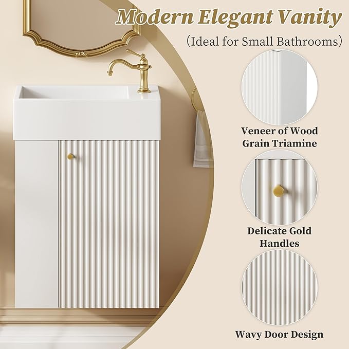 18.5" Floating Bathroom Vanity with Sink, Soft Closing Doors, Wood Modern Single Small Bathroom Vanity Cabinet with Open Shelf, Wall Mounted (White, Left Shelves)