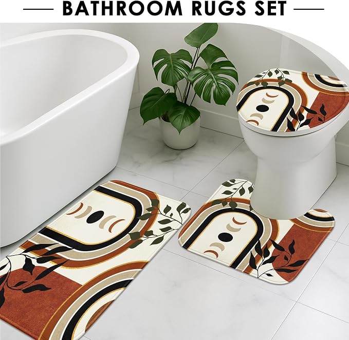 Bathroom Sets with Shower Curtain and Rugs, 4 Pcs, Mid Century Boho | Geometric Abstract Leaves Bathroom Decor Set with Toilet Lid Cover, Non-Slip Bath Mats and Accessories 12 Hooks