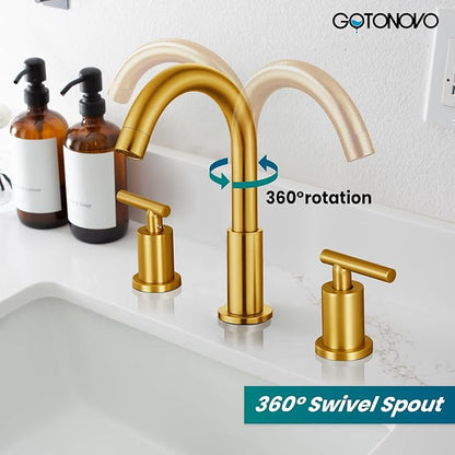 gotonovo 3 Hole 2 Handles Lavatory Basin Bathroom Sink Faucet with Pop Up Drain with Hot and Cold Mixer Valves 8 Inch Widespread Bathroom Faucet Dark Gold