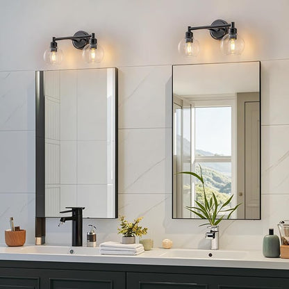 Bathroom Light Fixtures,2-Light Modern Bathroom Vanity Light,Black Wall Sconce with Clear Glass Globe Shades,Wall Lights Over Mirror for Kitchen,Bedroom,Hallway,Living Room