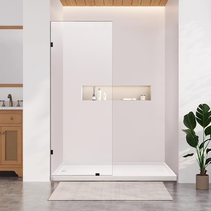 Bathroom Shower Glass Door 31.5" W×78.75" H, 3/8"(10mm) Thick Clear Tempered Glass Panel with Clamps, Fixed Frameless Waterproof Shower Door, Matte Black