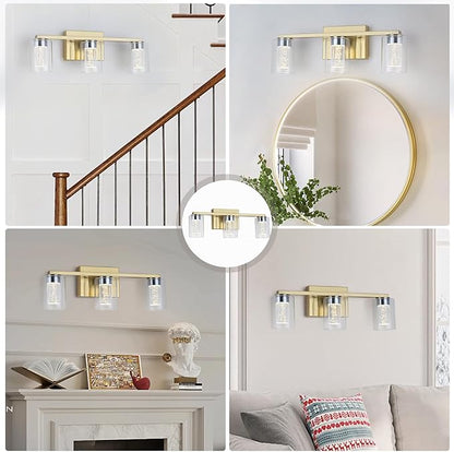 3-Light Bathroom Light Fixtures, Brushed Gold Dimmable Vanity Light with Clear Glass Shade, Crystal LED Bathroom Lights Over Mirror for Bedroom, Living Room, Hallway, Farmhouse