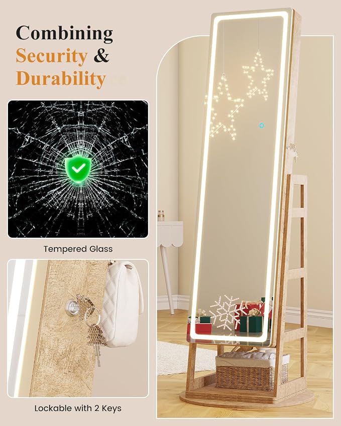 LVSOMT Standing Jewelry Cabinet Mirror with Adjustable LED Light Wood | 63" Lockable Jewelry Armoire Organizer with 4 Rear Shelves & Hooks, 360° Swivel, for Bedroom, Living Room, Women Girls Gift