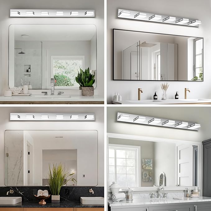 LED Modern Bathroom Light Fixtures, 6-Light 48-Inch Chrome Vanity Lights for Bathroom Lighting Fixtures Over Mirror, 350° Rotatable Acrylic, 6000K Cool White Wall Lamp