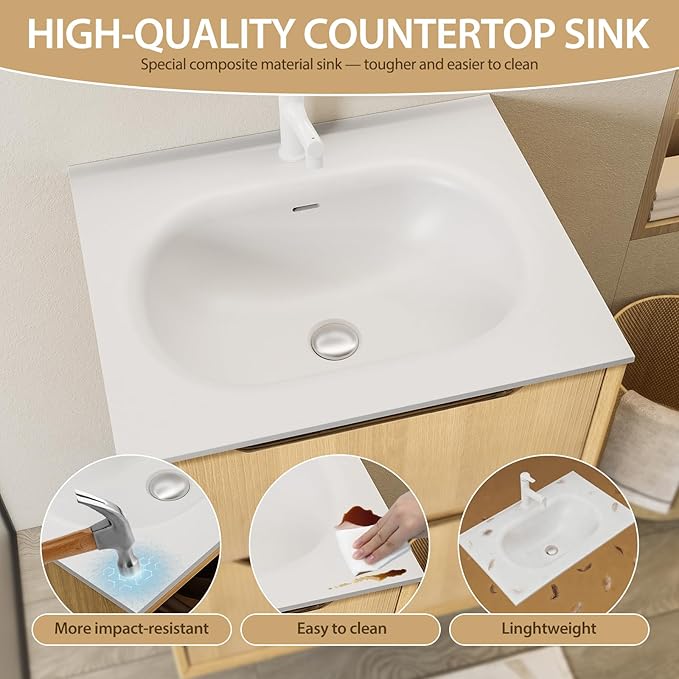 32" Japandi Floating Bathroom Vanity with Sink, Pre-Assembled Natural Oak Multi-Layer Solid Wood Bathroom Sink Vanity, Wall Mounted with Integrated Stone Top and 2 Soft Close Drawers