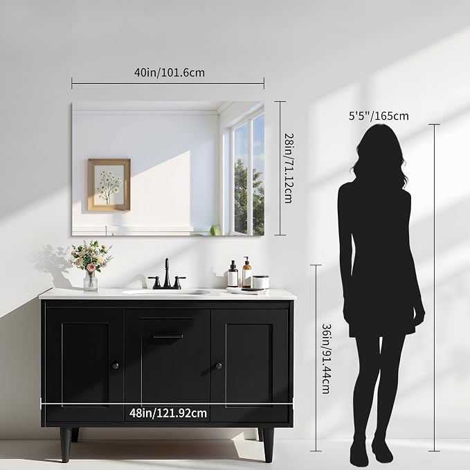 KOCUUY Frameless Mirror, 28"x40" Bathroom Mirror for Over Sink, Upgraded Shatterproof, Large Rectangle Unframed Mirror for Wall, Bathroom, Bedroom, Living Room, Entryway, Hang Horizontal/Vertical