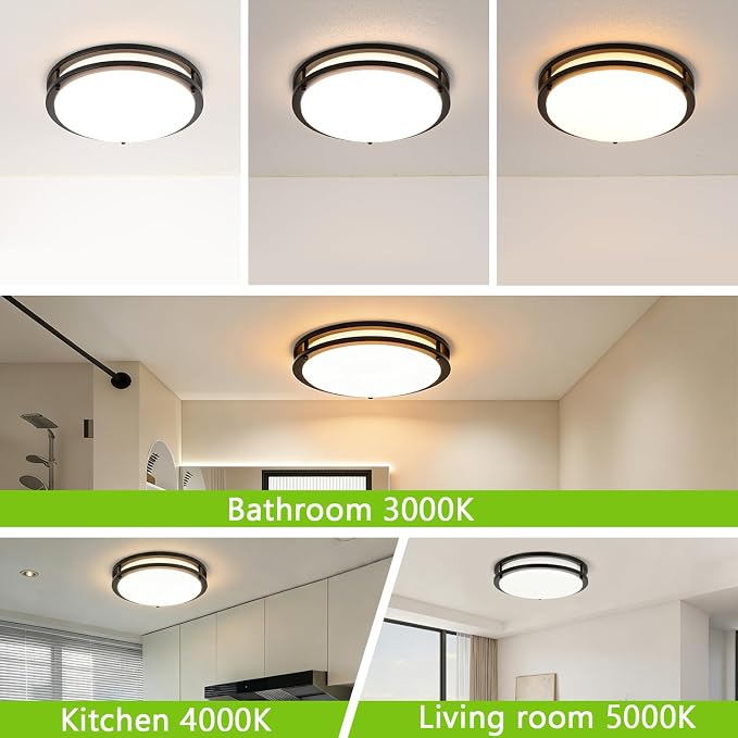 Black Flush Mount LED Ceiling Light Fixture, 13 inch 3000K/4000K/5000K Adjustable Ceiling Lights, Metal Frame Tri-Color Dimmable Lighting for Living Room Bedroom Hallway Bathroom or Kitchen