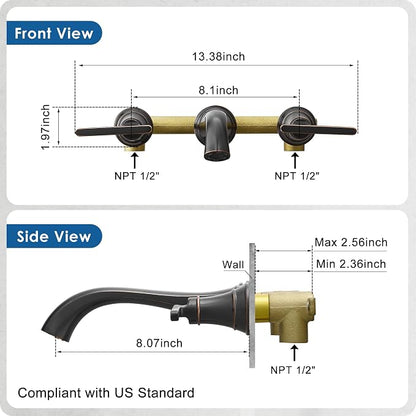 Oil Rubbed Bronze Wall Mount Tub Filler, High Flow Bath Tub Faucet 2 Handles, Brass Bathtub Faucets with 8 Inch Long Spout Reach, Rough-in Valve