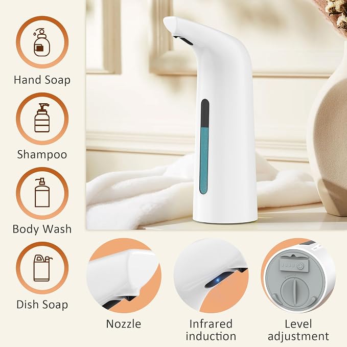 Automatic Liquid Soap Dispenser, 4-Level,13.5oz Touchless | Plastic,400ml White Electric Battery Operated Hand & Dish Countertop Soap Dispensers with Sensor for Bathroom,Kitchen Sink