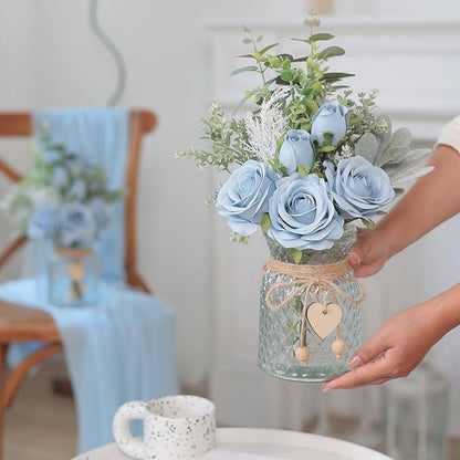 14.5"Faux Flowers with Vase,Artificial Silk Roses in Vase(Dusty Blue) | Realistic Fake Plant Faux Eucalyptus,Flower Arrangement for Home Office Farmhouse Bathroom Dining Table Centerpiece Decor