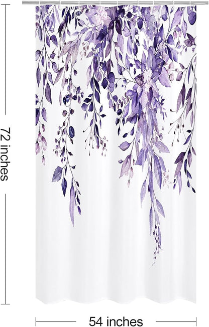 Purple Eucalyptus Shower Curtain, Watercolor Floral Print, 54x72 | Watercolor Plant Leaves Floral Print, Waterproof Fabric Bathroom Decor, Machine Washable, Rustproof Grommets