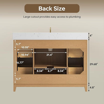 48 Inch Bathroom Vanity with Sink, Fully Assembled, Light Oak | Solid wood frame vanity with rattan details, gold hardware, 4 full-extension soft-close drawers, and adjustable feet