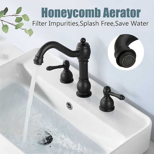 Aolemi 8 Inch Widespread Bathroom Sink Faucet 3 Hole Deck Mount Vanity Basin Mixer Tap with Pop Up Drain Assembly Matte Black Double Lever Handle