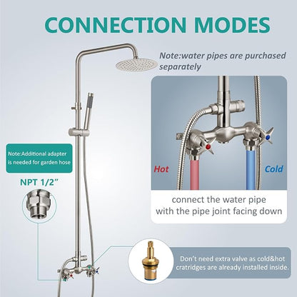Aolemi Outdoor Shower Kit,8 Inch Rain Head and Handheld,Brushed Nickel | 2-Handle Hot and Cold Control, Adjustable Height, 6-Inch Center Valve, 59-Inch Hose, Winter Drainage Outdoor Shower Fixtures