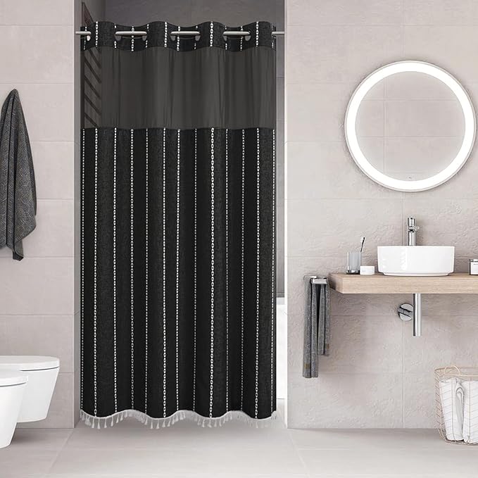 eachope No Hook Stall Shower Curtain with Snap-in Fabric Liner - 54x80 Heavy-Duty Linen Textured Striped Design,Narrow Rustic Modern Farmhouse Bohemian Bathroom Curtain,Water-Repellent,Black | 330GSM Heavy-Duty Linen Textured Striped Design,Narrow Rust...