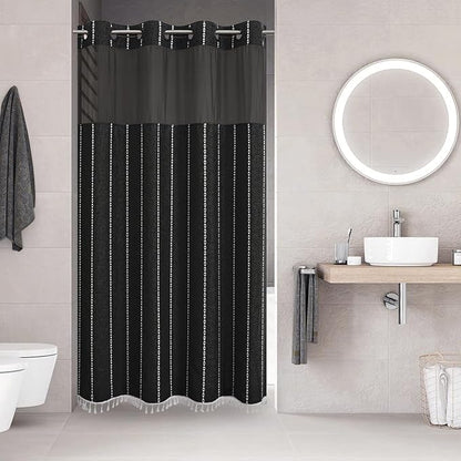 eachope No Hook Stall Shower Curtain with Snap-in Fabric Liner - 54x80 Heavy-Duty Linen Textured Striped Design,Narrow Rustic Modern Farmhouse Bohemian Bathroom Curtain,Water-Repellent,Black | 330GSM Heavy-Duty Linen Textured Striped Design,Narrow Rust...
