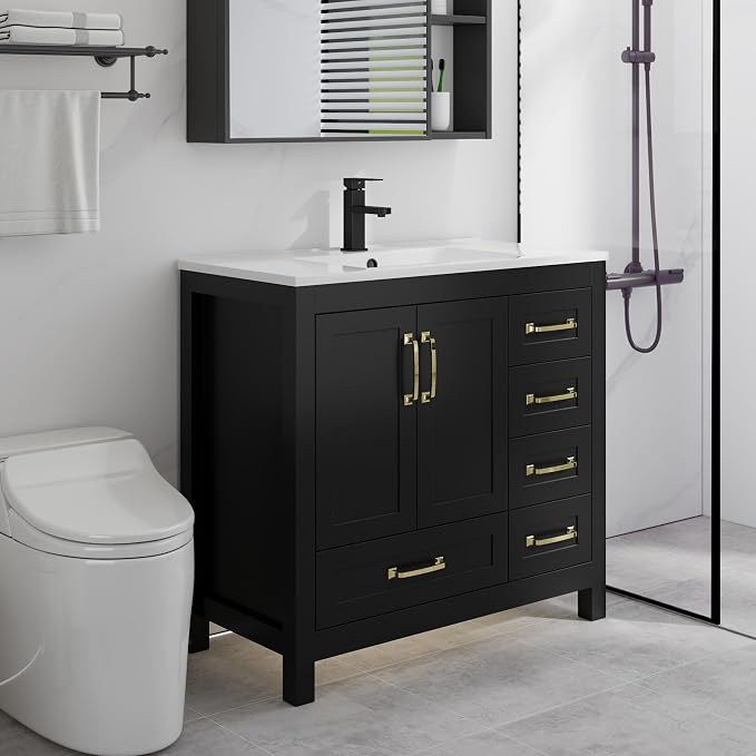 LUCKWIND 36" Bathroom Vanity and Sink Combos, Modern Bathroom Storage Cabinet with Ceramic Sink, Matte Black Faucet and 5 Drawers, Mirror is NOT Included, Black