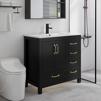 LUCKWIND 36" Bathroom Vanity and Sink Combos, Modern Bathroom Storage Cabinet with Ceramic Sink, Matte Black Faucet and 5 Drawers, Mirror is NOT Included, Black