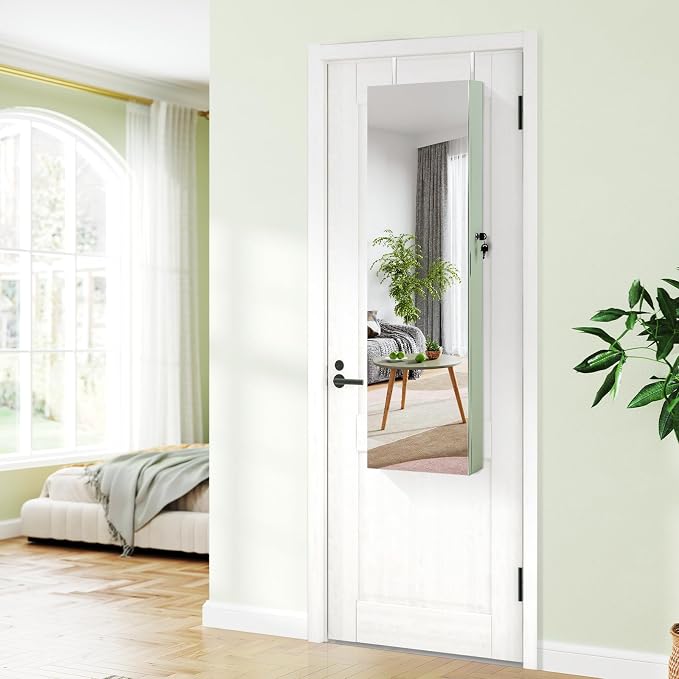 LDAILY Jewelry Armoire Wall or Door Mounted, Full-Length Mirror with Storage, Lockable Mirror Jewelry Cabinet w/ 2 Drawers, LED Lights, Over the Door Jewelry Organizer Box for Women Girls