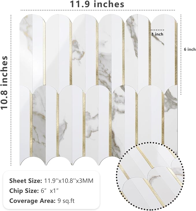 Vamos Tile Peel and Stick Backsplash Seamless Tile,Fish Scale,Glossy,10 pcs | 11.9''x10.8'',White & Gold Marble PVC+Light Gold Stick on Backsplash Tile for Kitchen & Bathroom & Laundry & Camper