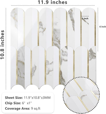 Vamos Tile Peel and Stick Backsplash Seamless Tile,Fish Scale,Glossy,10 pcs | 11.9''x10.8'',White & Gold Marble PVC+Light Gold Stick on Backsplash Tile for Kitchen & Bathroom & Laundry & Camper