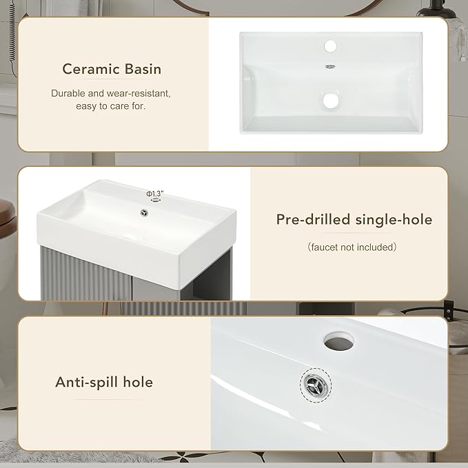 Merax 20 Inch Bathroom Vanity, Floating Sink Vanity Combo, Modern Wall Mount Bathroom Cabinet with Ceramic Integrated Sink for Small Space,Gray