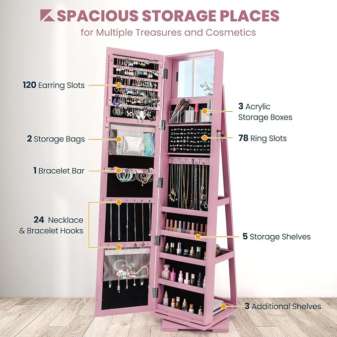 COSTWAY 360 Rotating Jewelry Armoire Cabinet, Standing Jewelry Organizer w/Full-Length Mirror & Large Storage Space, Lockable Mirror Jewelry Cabinet for Girls Women (Pink)
