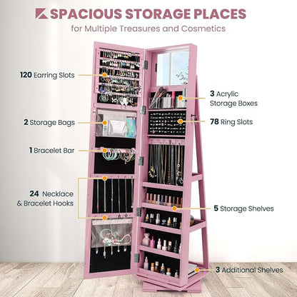 COSTWAY 360 Rotating Jewelry Armoire Cabinet, Standing Jewelry Organizer w/Full-Length Mirror & Large Storage Space, Lockable Mirror Jewelry Cabinet for Girls Women (Pink)