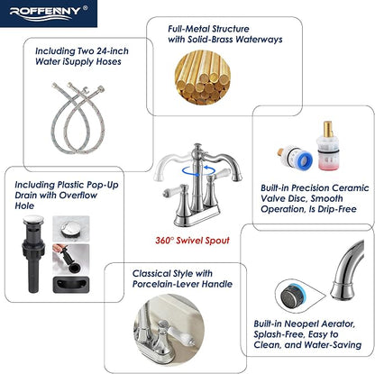 Porcelain 2-Handle Polished Chrome Bathroom Faucet 4" Centerset | with Plastic Pop-up Drain and Two 23.6" Supply Lines, Classical 4" Bath Vanity Sink Faucets for 2/3-Hole Sinks, Brass Spout