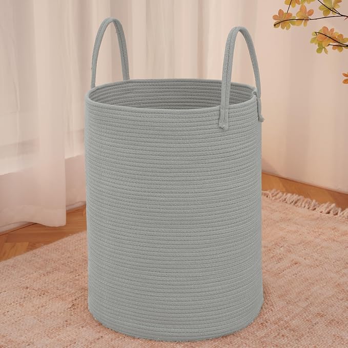 JMvicyroam 80L Cotton Rope Laundry Basket Hamper, Grey | Collapsible laundry basket, reinforced handles, freestanding, machine washable, holds 3-5 thick blankets, clothes or toys