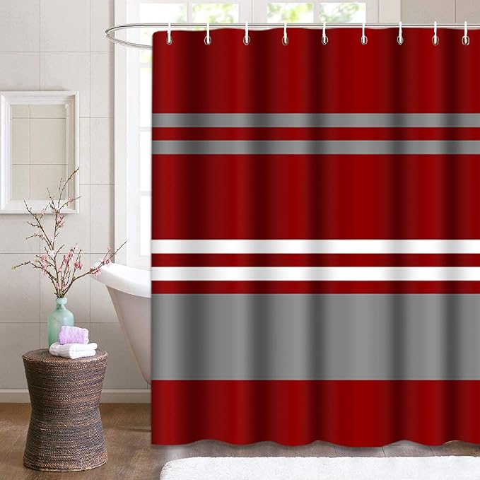 Shower Curtain, for Bathroom Decor 72 x 72 Inch, Striped Brick Red | Grey Crimson Waterproof Polyester Fabric Shower Curtains Set with Hooks