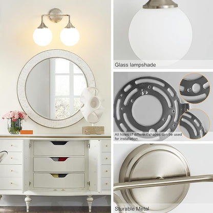 Brushed Nickel Bathroom Light Fixtures Over Mirror Vanity 2-Light | Mid Century Modern Brushed Nicke Wall Sconce with Milky White Glass Ball Shades for for Bathroom Dressing Table Bedroom