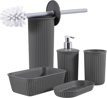 Superio Ribbed Plastic Bathroom Accessories Set, Soap Dish, Dispenser, Holder, Tray (Grey, Bathroom Accessories (Set of 5))