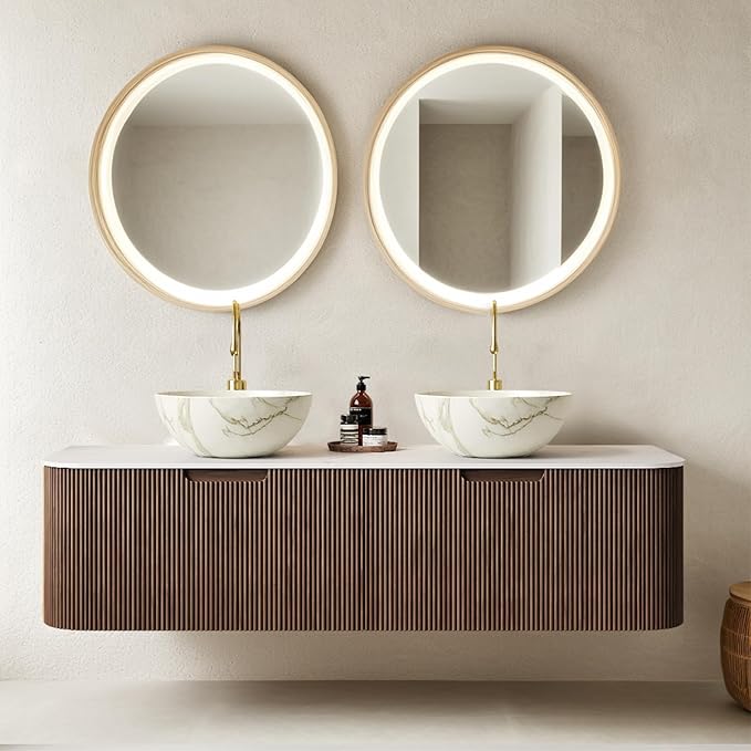 60" Floating Bathroom Vanity with Double Sink, Modern Bathroom Cabinet with 2 Large Storage Drawer, White Bowl Shape Ceramic Basins with Stone Pattern and Marble Top, Soft-Close Design, Dark Walnut