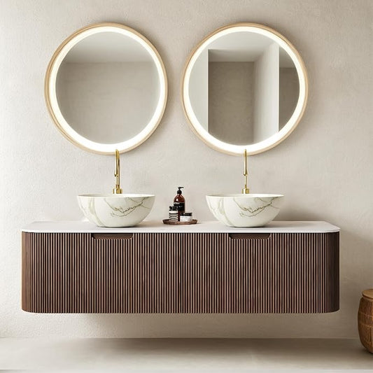 60" Floating Bathroom Vanity with Double Sink, Modern Bathroom Cabinet with 2 Large Storage Drawer, White Bowl Shape Ceramic Basins with Stone Pattern and Marble Top, Soft-Close Design, Dark Walnut
