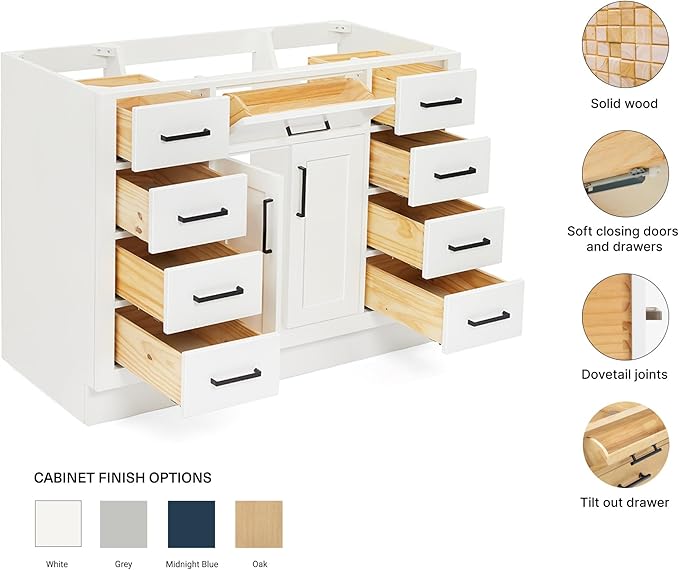 ARIEL Hepburn 48-inch Bathroom Vanity Base Cabinet,Solid Wood, 2 Soft Closing Doors, 9 Dovetail Drawers, White