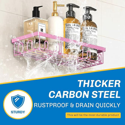 DTUQYX Shower Caddy 18 Pack,Adhesive Organizer for Bathroom Decor Accessories & Kitchen Storage,No Drilling,Large Capacity,Rustproof Stainless Steel Organizer,Home Decor Shelves (Pink 18 Pack)