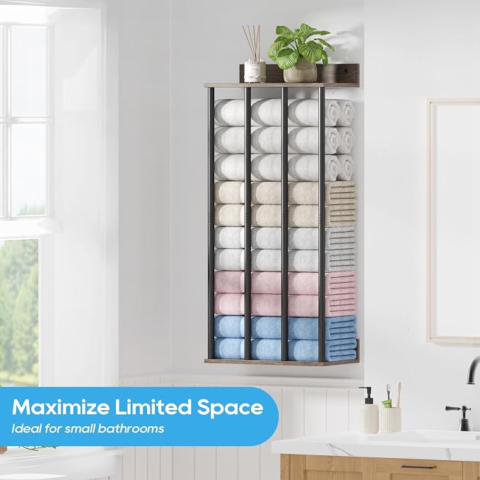 Wall Mounted 4-Bar Towel Rack with Wooden Shelf, Bathroom Storage Holder | Large Bathroom Towel Storage Rack for Rolled Towels, Classic Metal Towel Organizer Shelf with Wooden Storage Shelf
