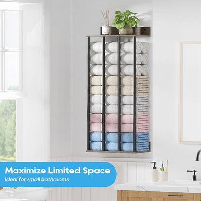 Wall Mounted 4-Bar Towel Rack with Wooden Shelf, Bathroom Storage Holder | Large Bathroom Towel Storage Rack for Rolled Towels, Classic Metal Towel Organizer Shelf with Wooden Storage Shelf