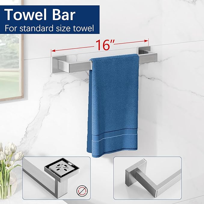 Gypie 16Inch Bathroom Accessory Set Wall Mounted, Brushed Nickel 5-Pieces | Stainless Steel Bathroom Hardware Set Towel Bar Set