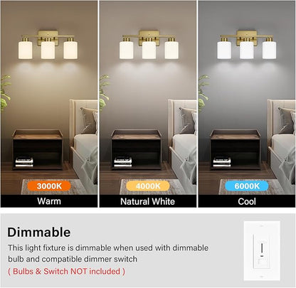 Brushed Gold Bathroom Light Fixtures, 3-Light Modern Vanity Light Over Mirror, Wall Sconces with Milky White Frosted Glass Shades, E26 Socket (Bulbs Not Included)