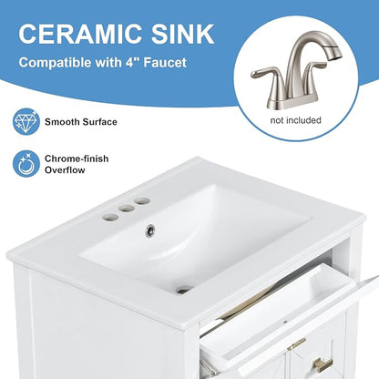 Merax 24 Inch Bathroom Vanities with Undermount Ceramic Sink, Tip-Over Drawer and Side Drawers, Soft Closing Door with Shelf, Solid Wood Frame, White