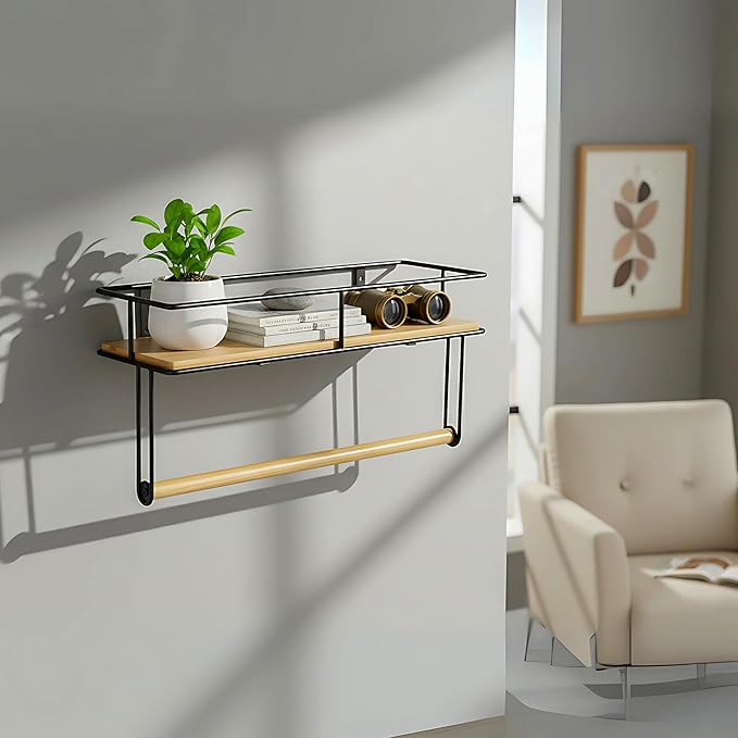 Wall-Mounted Wooden Shelf with Hand Towel Holder – Space-Saving Hanging Bathroom Organizer & Towel Rack - Perfect for Shower Corner, Kitchen, Toilet - Matte Black