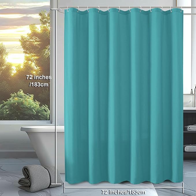 OVZME Zora Solid Turquoise Shower Curtain for Bathroom, Fabric Shower Curtain- Soft Cloth & Hotel Spa Quality, Water Repellent, Machine Washable Shower Curtain Set with 12 Hooks, Grommet Top, 72Wx72L