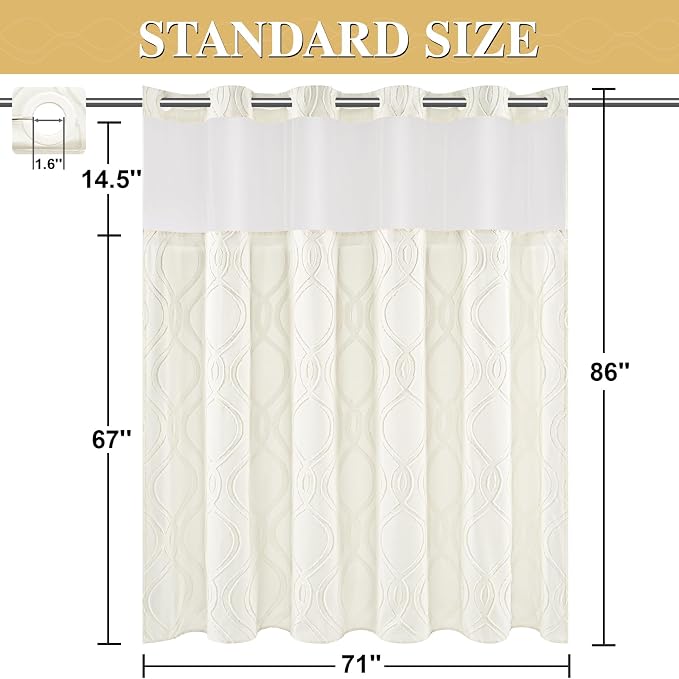 Yinhua No Hook Shower Curtain with Snap in Liner Set, 71" W×86" L, Beige | Hotel Style, See Through Top Window, Washable Waterproof, Tufted, Extra Long Hookless Curtain for Bathroom Bathtub
