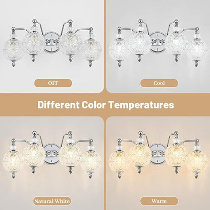 Brushed Chrome Bathroom Vanity Light, 4-Light Mid Century Modern Brushed Chrome Finish Wall Sconce with Globe Glass Shades, Retro Mirror Light for Bathroom, Powder Room